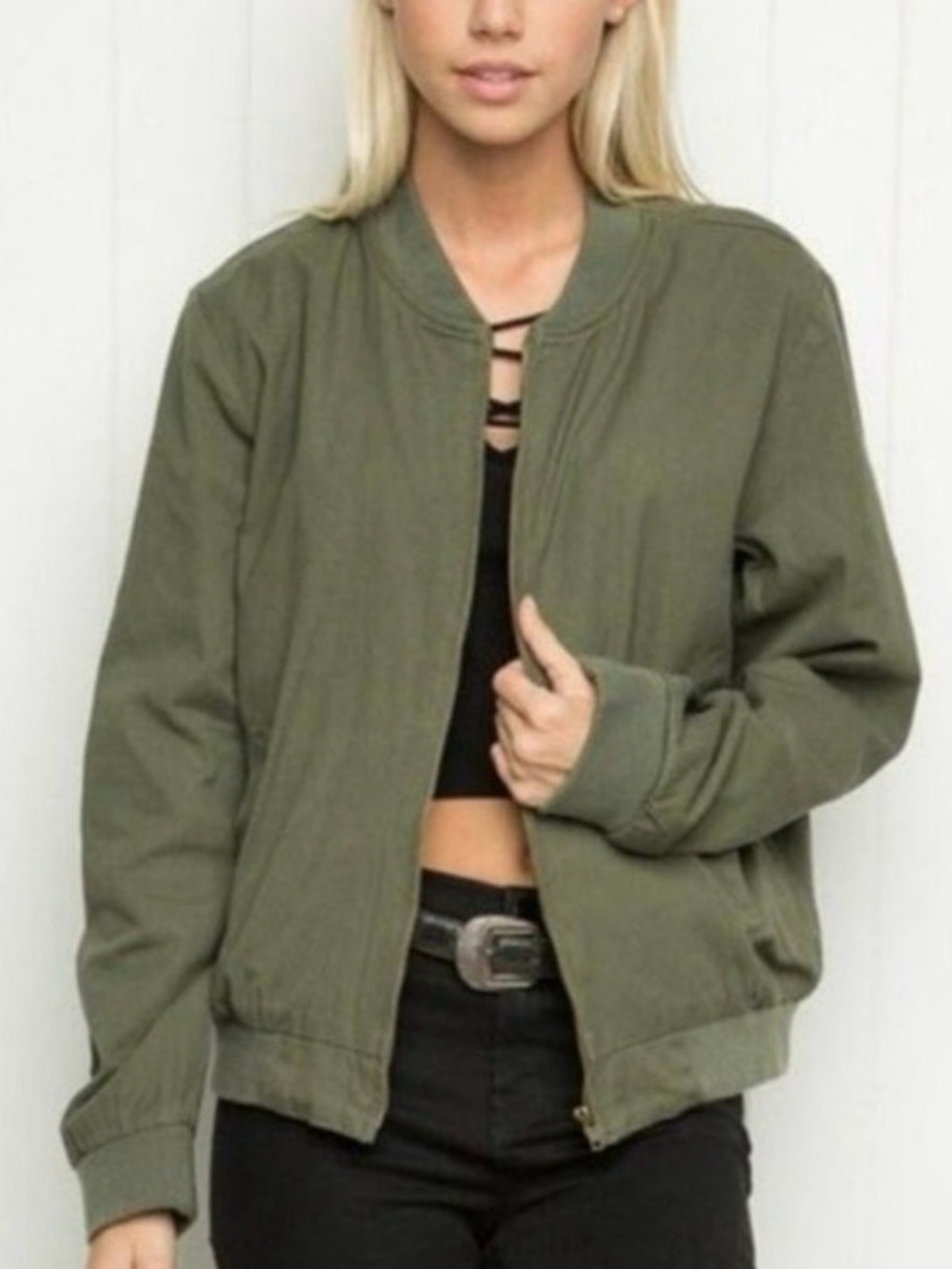 BRANDY MELVILLE Olive Army Green Utility Bomber Cotton Kasey Jacket Preppy Fall